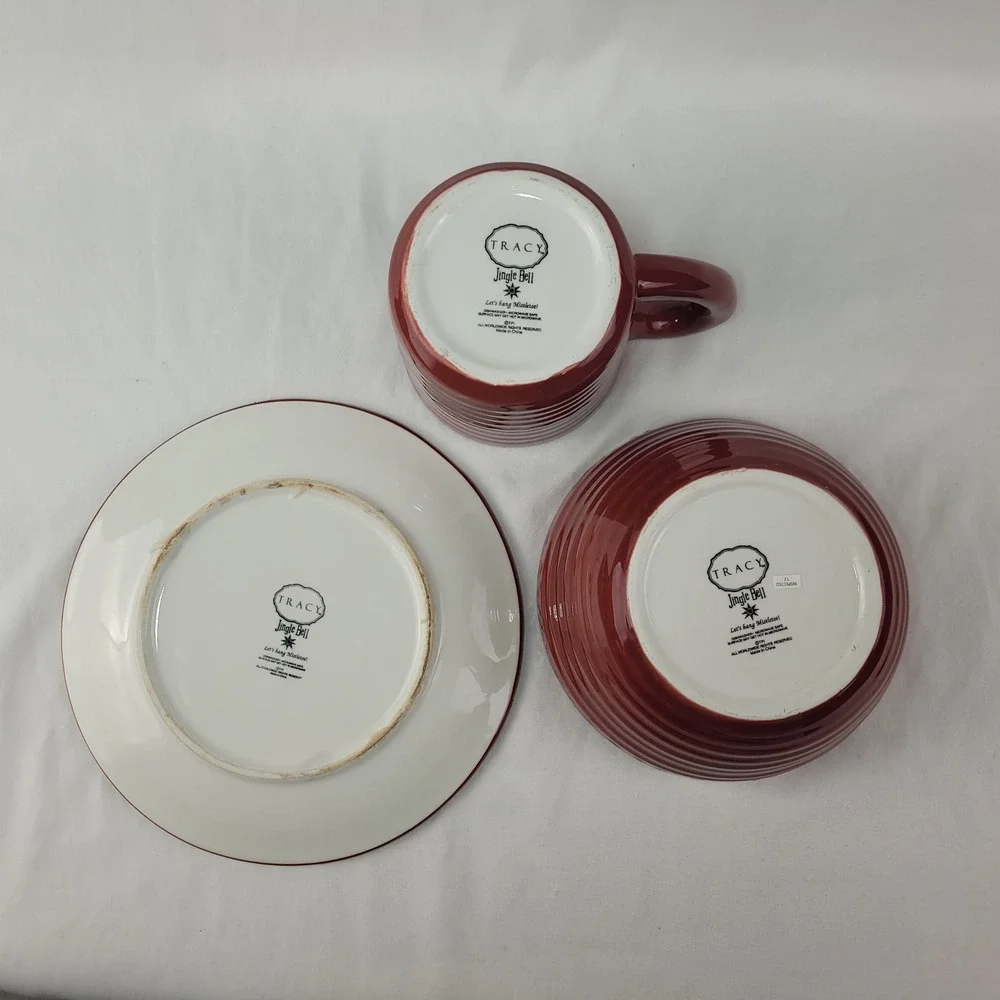 Tracy Porter Jingle Bell Snowman Red Ceramic Mug Bowl Plate 3 Piece Set